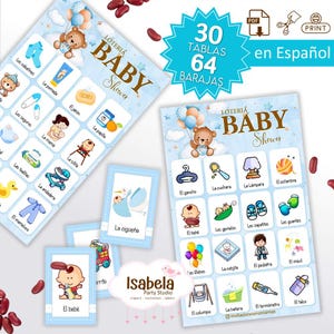 Puede incluir: Juego de lotería para baby shower con tarjetas azules y blancas. El juego incluye 30 tablas y 64 cartas. Las tarjetas presentan ilustraciones de artículos para bebés y las palabras "Baby Shower" en una fuente decorativa.
