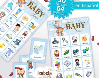 Baby Shower Lottery in Spanish (Teddy Bear), Printable Baby Shower Lottery for a Blue Boy (30 Boards, 64 Cards), Download-Cut-Print Digital PDF