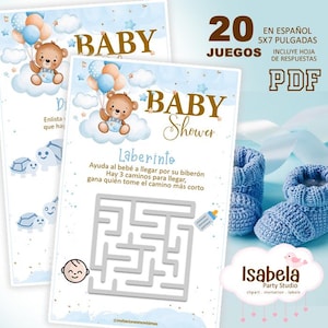 juegos de Baby Shower en español osito, 20 Juegos Kit Imprimible juegos baby shower niño azul, Descarga-recorta-imprime, Digital PDF