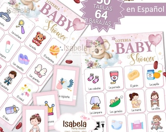 Baby Shower Lottery in Spanish, Koala Bear, Printable Baby Shower Lottery for a Pink Girl, 30 Boards, 64 Cards, Digital PDF Download