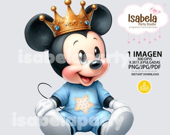 Prince Mickey Mouse Baby Clipart, mickey png, mickey baby shower, watercolor, digital