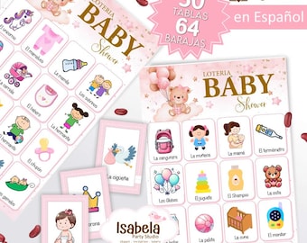 Baby Shower Lottery in Spanish (Little Bear), Printable Baby Shower Lottery for a Pink Girl (30 Boards, 64 Cards), Download-Cut-Print Digital PDF