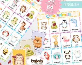 Animal Lottery Game PDF, English Bingo, cute Animals, Loteria Digital Download, Classroom Activity, Digital PDF