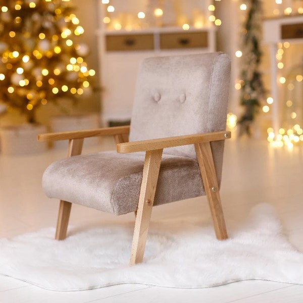 Simple wooden armchair for childrens room, fur fabric brown/beige