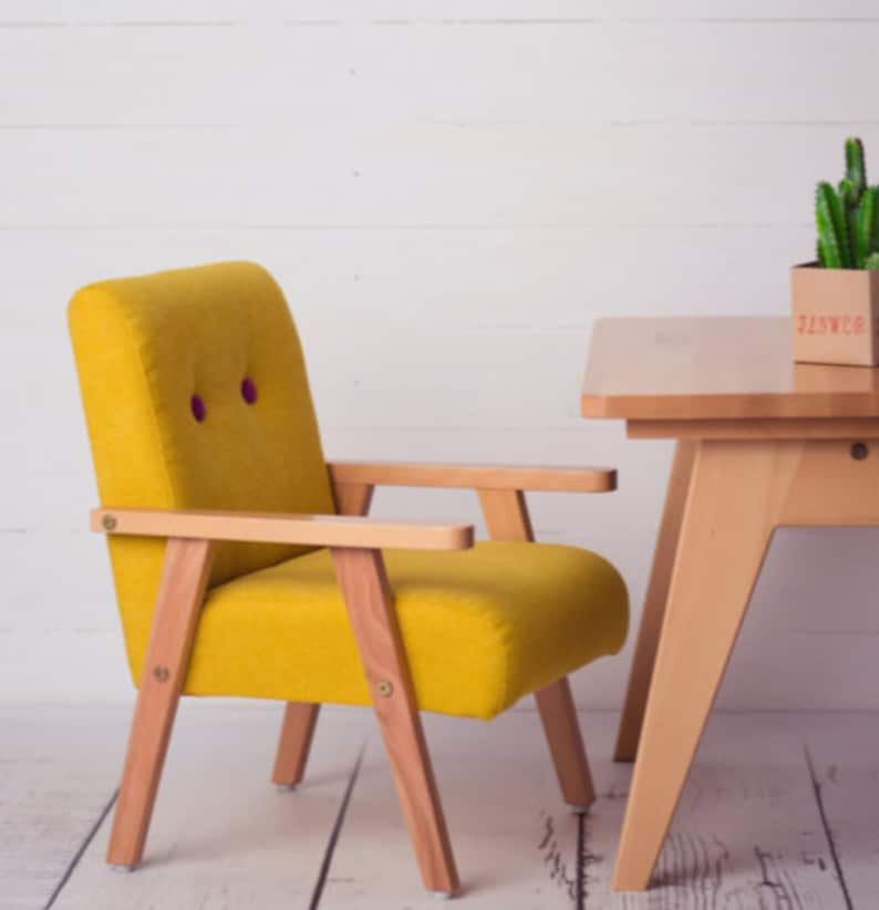 Small modern yellow armchair for childrens room, wooden armchair, yellow image 3