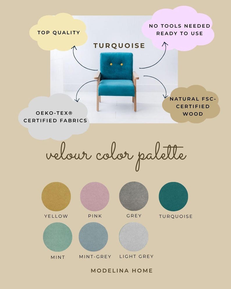 Peut inclure: Un fauteuil en velours turquoise avec des pieds et accoudoirs en bois. L'image met en &eacute;vidence les caract&eacute;ristiques du fauteuil, notamment les tissus certifi&eacute;s Oeko-Tex et le bois naturel certifi&eacute; FSC. La palette de couleurs comprend jaune, rose, gris, menthe, gris-menthe et gris clair.