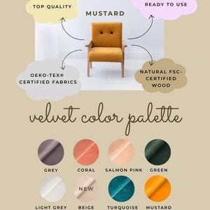 Peut inclure: Fauteuil en velours couleur moutarde avec accoudoirs en bois. L'image met en &eacute;vidence les caract&eacute;ristiques du fauteuil, notamment les tissus certifi&eacute;s Oeko-Tex et le bois naturel certifi&eacute; FSC. Le texte indique que le fauteuil est de qualit&eacute; sup&eacute;rieure et pr&ecirc;t &agrave; l'emploi. Une palette de couleurs en velours est &eacute;galement pr&eacute;sent&eacute;e.