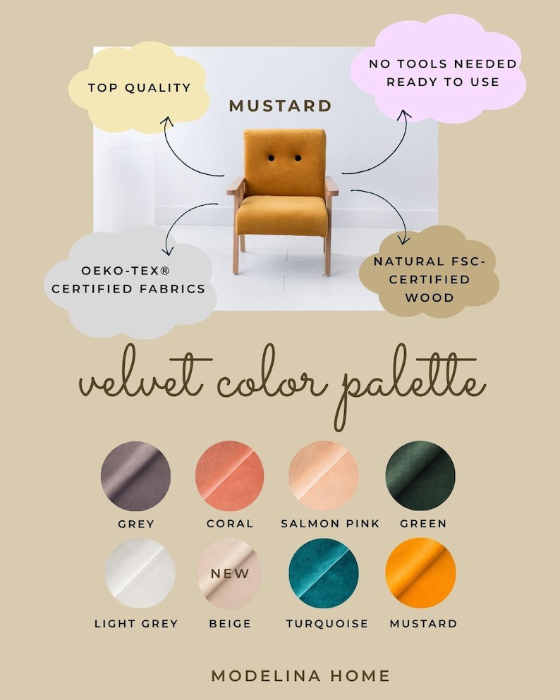 Peut inclure: Fauteuil en velours couleur moutarde avec accoudoirs en bois. L'image met en &eacute;vidence les caract&eacute;ristiques du fauteuil, notamment les tissus certifi&eacute;s Oeko-Tex et le bois naturel certifi&eacute; FSC. Le texte indique que le fauteuil est de qualit&eacute; sup&eacute;rieure et pr&ecirc;t &agrave; l'emploi. Une palette de couleurs en velours est &eacute;galement pr&eacute;sent&eacute;e.