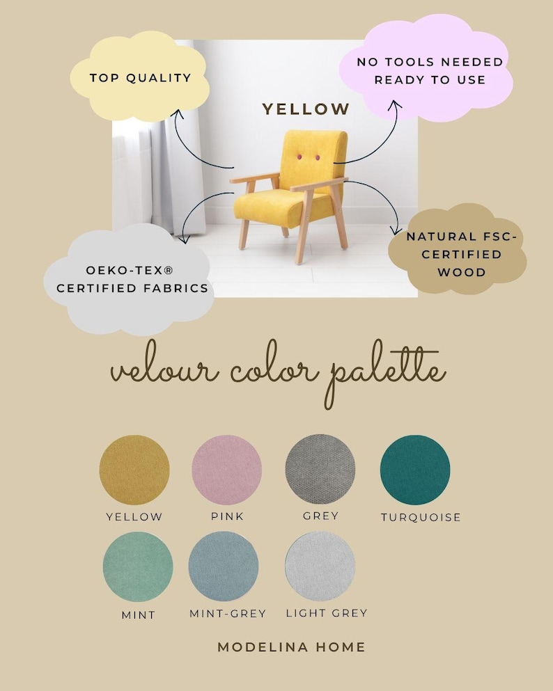 Peut inclure: Un fauteuil en velours jaune avec des pieds et accoudoirs en bois. L'image affiche &eacute;galement une palette de couleurs avec des &eacute;chantillons jaune, rose, gris, turquoise, menthe, gris-menthe et gris clair. Le texte comprend "Top Quality" et "Oeko-Tex Certified Fabrics."