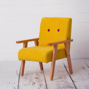 Small modern yellow armchair for childrens room, wooden armchair, yellow image 4