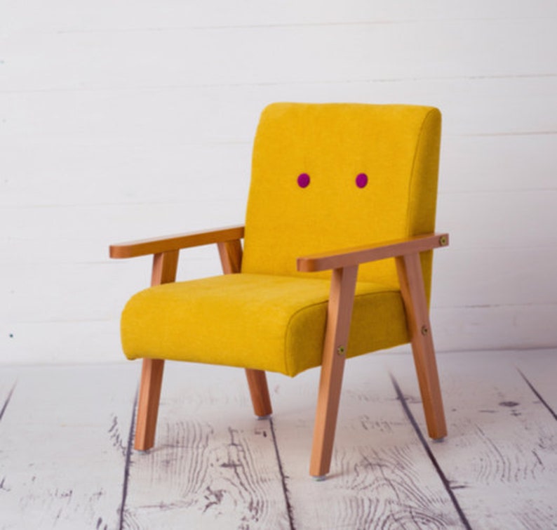 Small modern yellow armchair for childrens room, wooden armchair, yellow image 4