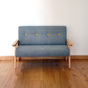 Sofa for kids, wooden bench upholstered, Couch for children, grey double armchair, wooden children furniture, kids interior design