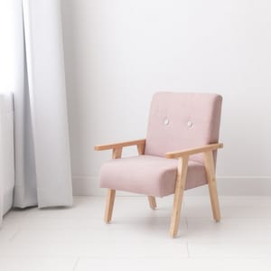 Simple armchair for childrens room, rose velour, pink powder wooden armchair