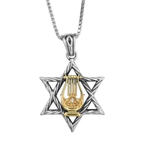 Silver Star of David combined with a 9K gold harp , From Israel, abundance Necklaces, King David&#39;s harp