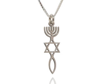 Hebrew Pendant: Sterling Silver Jewish Menorah & Star of David Necklace, Christian Fish Messianic Necklace - Anniversary Jewelry for Women