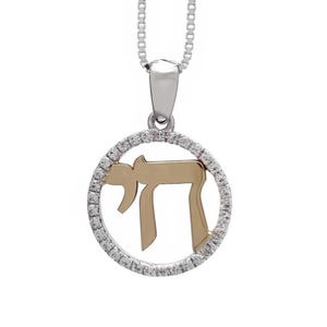 Rund &#39;&#39;Chai&#39;&#39; Anhänger mit CZ Sterling Silber & 9k Gold