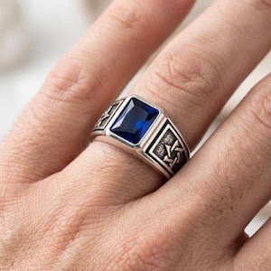 Sterling Silver and Royal Blue Zircon, Men's Star of David College Ring - RectangleRoyal Blue Zircon