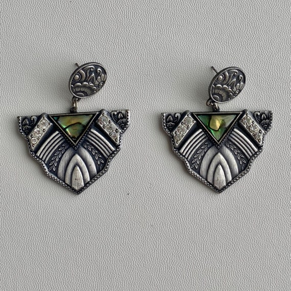 Art Deco Earrings Signed 1980s revival pewter - image 1