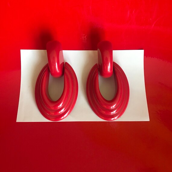 Large red vintage earrings bakelite-like - image 2