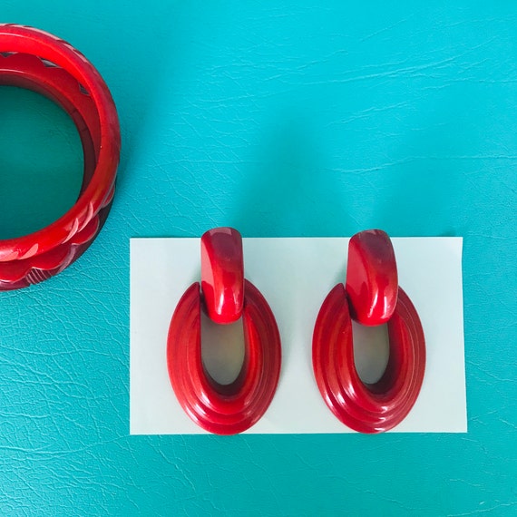 Large red vintage earrings bakelite-like - image 1