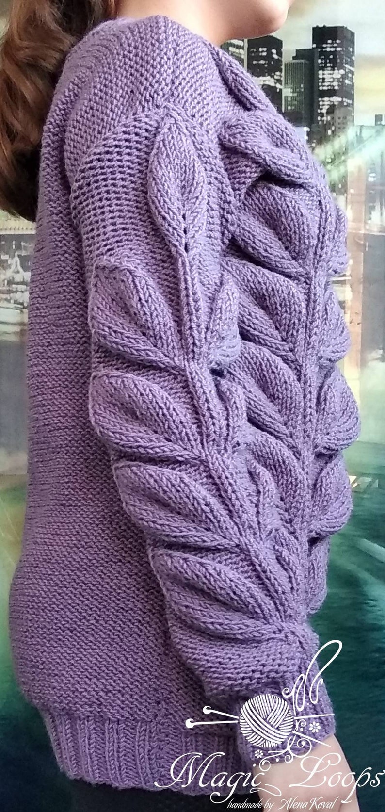 Long sweater tunic women/'s sweater color ash roses long sleeve handmade leaves pattern leaf women/'s clothing knitted long pullover branch
