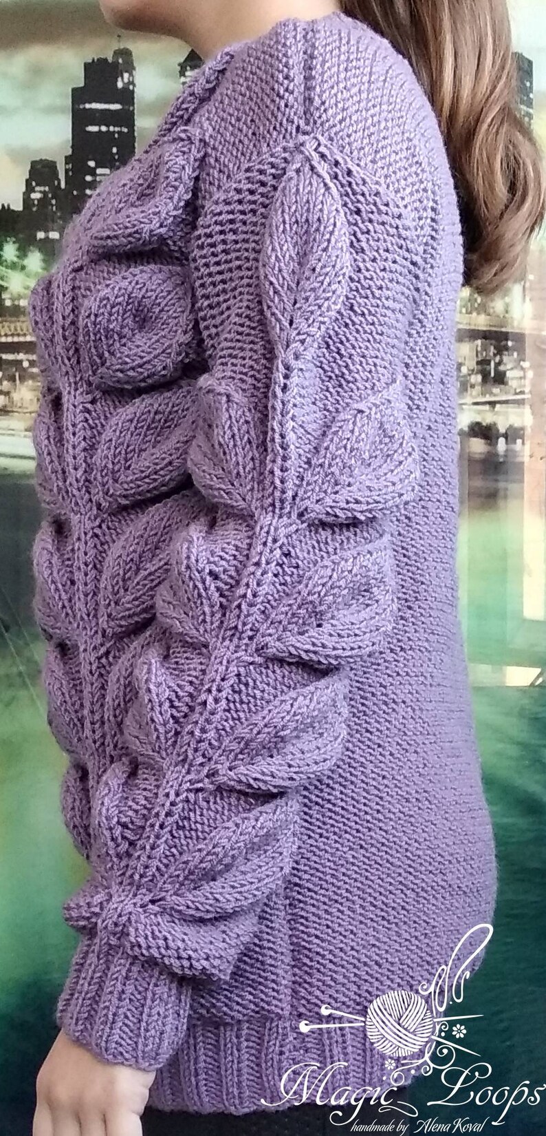 Long sweater tunic women/'s sweater color ash roses long sleeve handmade leaves pattern leaf women/'s clothing knitted long pullover branch