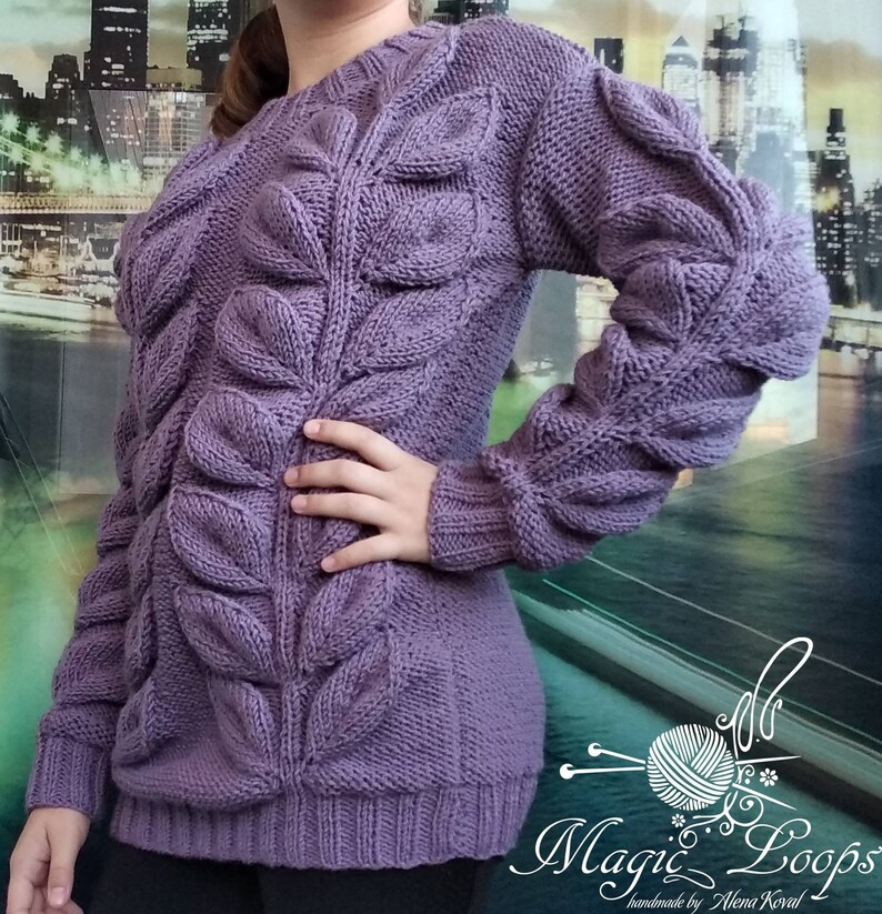 Long sweater tunic women/'s sweater color ash roses long sleeve handmade leaves pattern leaf women/'s clothing knitted long pullover branch