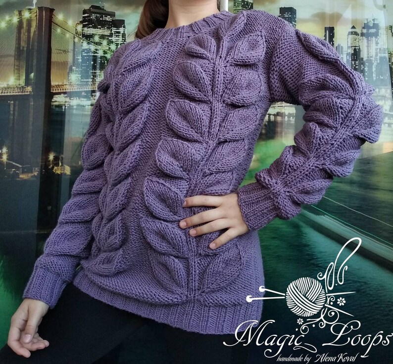 Long sweater tunic women/'s sweater color ash roses long sleeve handmade leaves pattern leaf women/'s clothing knitted long pullover branch