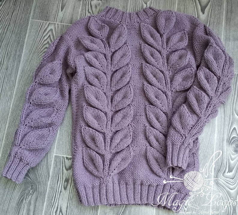 Long sweater tunic women/'s sweater color ash roses long sleeve handmade leaves pattern leaf women/'s clothing knitted long pullover branch