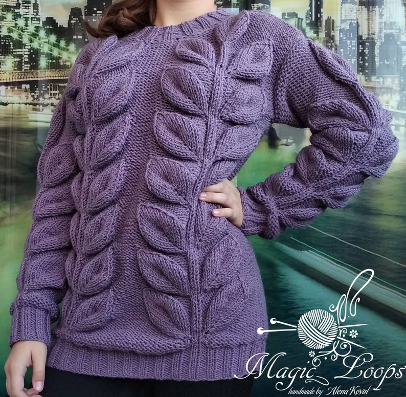 Long sweater tunic women/'s sweater color ash roses long sleeve handmade leaves pattern leaf women/'s clothing knitted long pullover branch