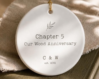 Ceramic 5th Wedding Anniversary Ornament Personalized Initials Couples Keepsake Wood Anniversary Gift Men Milestone Minimalist