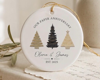 Personalized Paper Anniversary Ornament, First Anniversary Gift for Couple, Ceramic Christmas Keepsake, Wedding Newlywed Gift, Custom