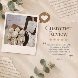 May include: A square photograph showing a bouquet of flowers crafted from book pages, wrapped in brown and white polka dot paper. The image includes text reading Customer Review, five gold stars, and a testimonial about an anniversary gift.