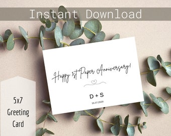 Personalize Printable Happy 1st Paper Anniversary Greeting Card, First Wedding Anniversary Card, Personalized Card, Custom Anniversary Card