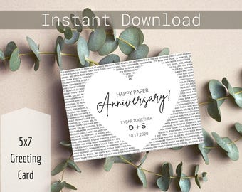 First Anniversary Card Printable Download Paper Anniversary Gift Wedding Anniversary Celebration Personalized Greeting Custom Design Digital