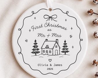 First Christmas Ornament Newlywed Gift Ceramic Keepsake Mr and Mrs Wedding Year Personalized Couple Memento Married Tree Hanging Round