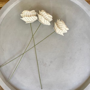 May include: Three paper roses made from book pages, with stems, on a gray concrete tray.