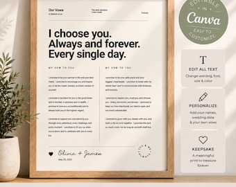 Personalized Wedding Vows Wall Art, Editable Canva Template, Custom Wedding Vows Print, First Anniversary Gift, Paper Anniversary Gift