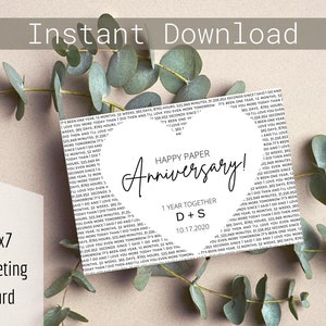 Personalice la tarjeta de felicitación del primer aniversario de papel feliz imprimible, la primera tarjeta de aniversario de boda, la tarjeta personalizada, la tarjeta de aniversario personalizada