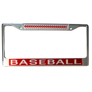 License Plate Frame Baseball with Laces Chrome w Mirrored Inlaid Acrylic Car Tag