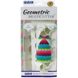 May include: A white plastic package with a geometric multi-cutter for creating fish scale designs on cakes. The package shows a cake decorated with colorful fish scales and the text "Geometric Multi-cutter".