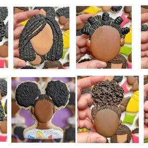 May include: Nine decorated sugar cookies with different hairstyles, including braids, afros, and twists. The cookies are all brown and have a light brown face.