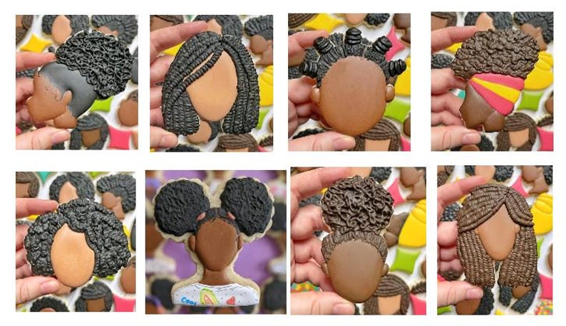 May include: Nine decorated sugar cookies with different hairstyles, including braids, afros, and twists. The cookies are all brown and have a light brown face.