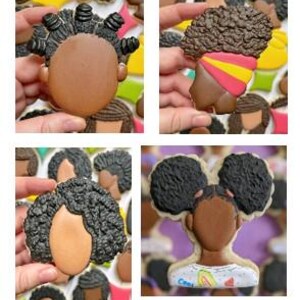 May include: A collection of eight decorated sugar cookies featuring different hairstyles for Black women. The cookies are decorated with brown, black, and white icing.