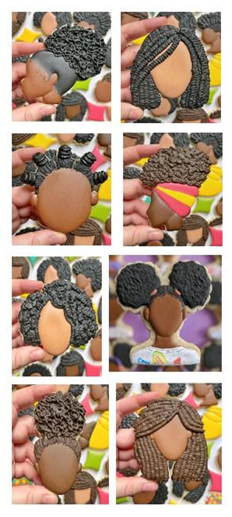May include: A collection of eight decorated sugar cookies featuring different hairstyles for Black women. The cookies are decorated with brown, black, and white icing.