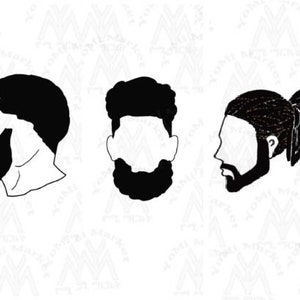 May include: Three black and white silhouette illustrations of men's hairstyles. The first is a man with a beard and short hair. The second is a man with a beard and a short afro. The third is a man with a beard and dreadlocks.