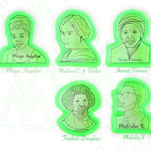 May include: A collage of five green and black illustrations of notable African Americans. The illustrations include Maya Angelou, Madame C. J. Walker, Harriet Tubman, Frederick Douglass, and Malcolm X.
