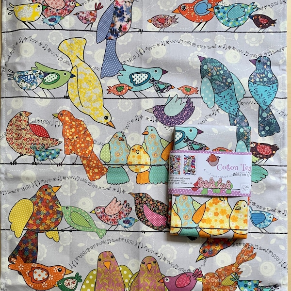 Hand illustrated bird tea towel, 100% cotton  kitchen towel, pretty colorful home accessory to gift or keep by MollyMac