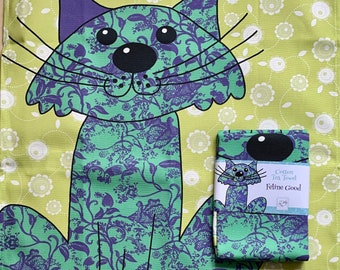 Cat kitchen towel, pretty cotton tea towel with slogan 'Feline Good' in stunning turquoise and lime, by MollyMac