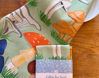 Mushroom Tea Towel: Hand-Illustrated Botanical Cotton Kitchen Decor